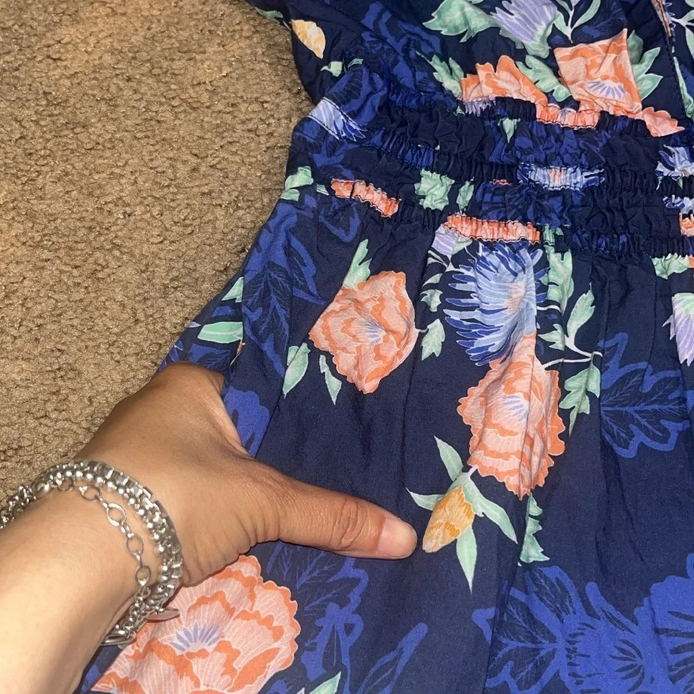 Anthropologie Maeve Somerset Maxi Dress Short Sleeve Tier A-Line Navy Floral XS‎